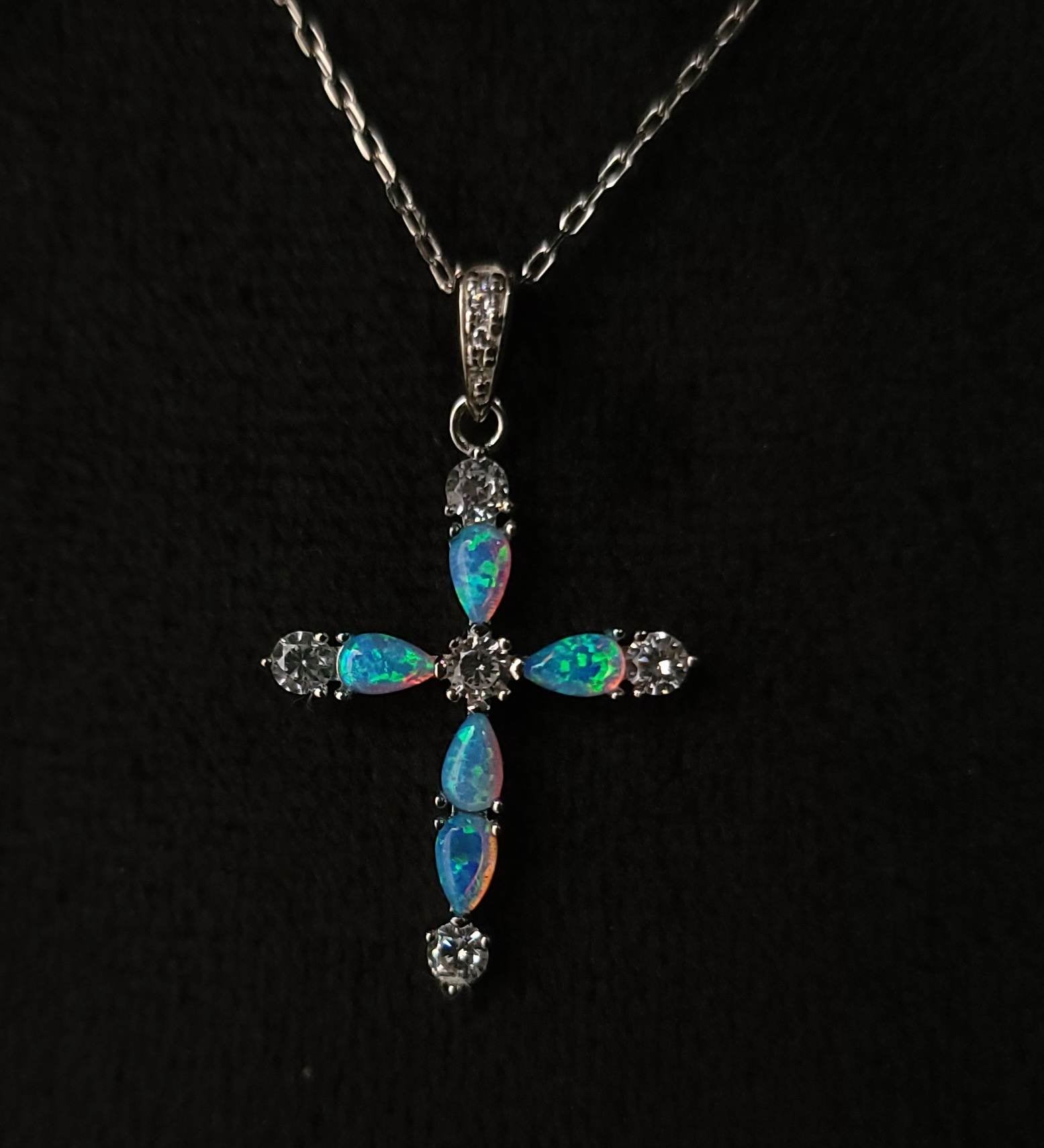 Gorgeous  Blue Opal Cross Pendant with CZ Stones