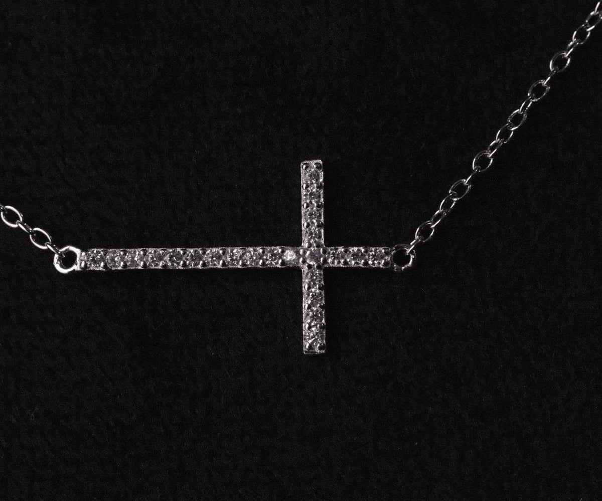 Sterling Silver Horizontal Cross with CZ Accents