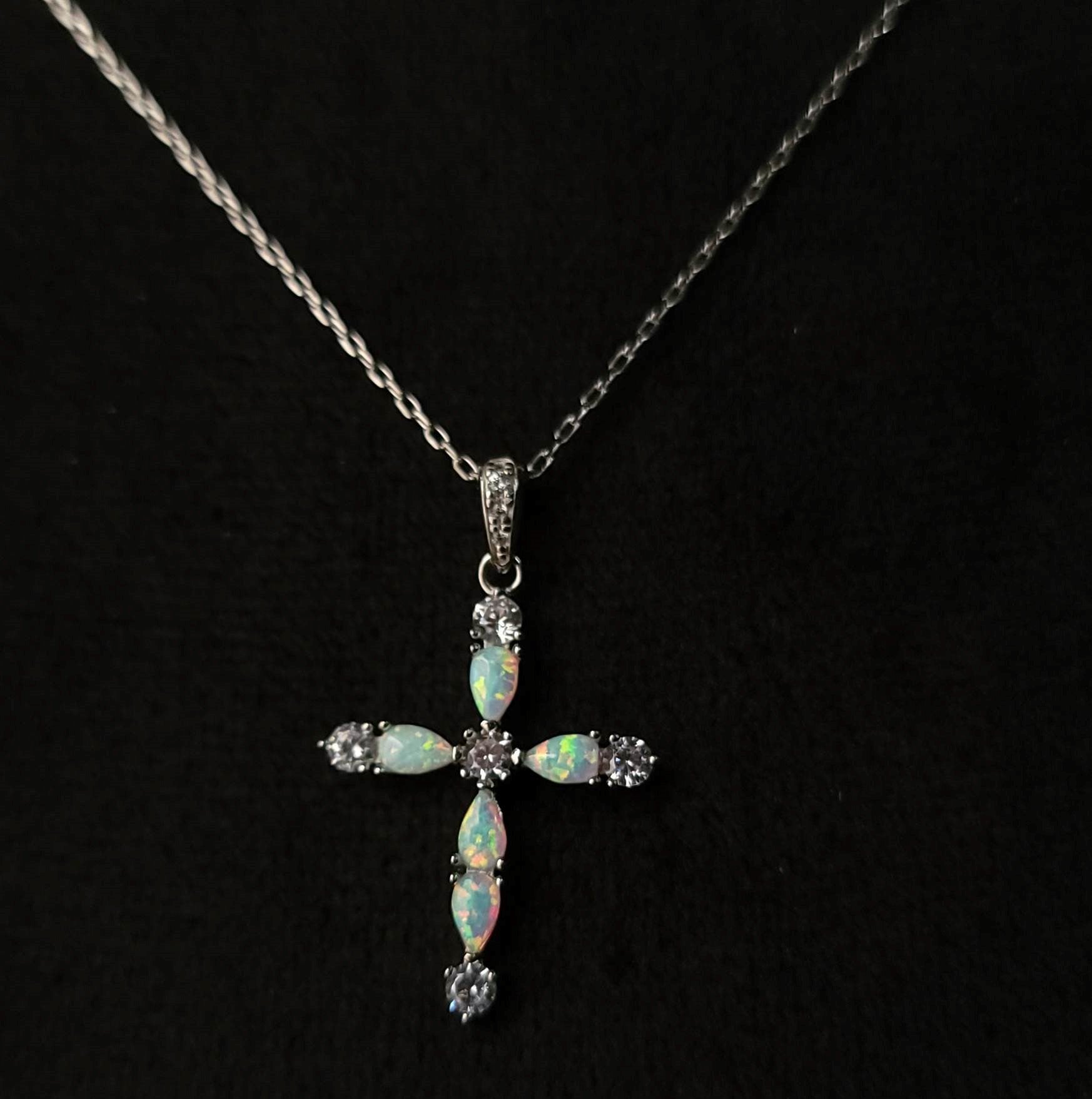 Gorgeous White Iridescent Opal Cross with CZ Accents on Sterling Silver Adjustable Chain